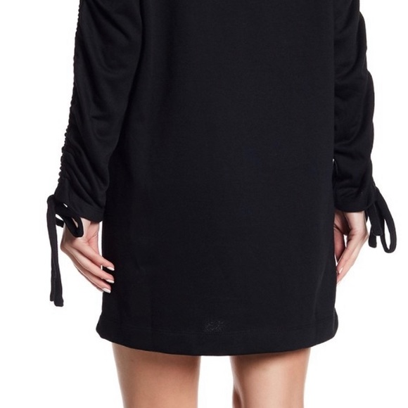 Lush Black Ruched Drawstring Long Sleeve Mini Dress Size Large - Picture 4 of 15